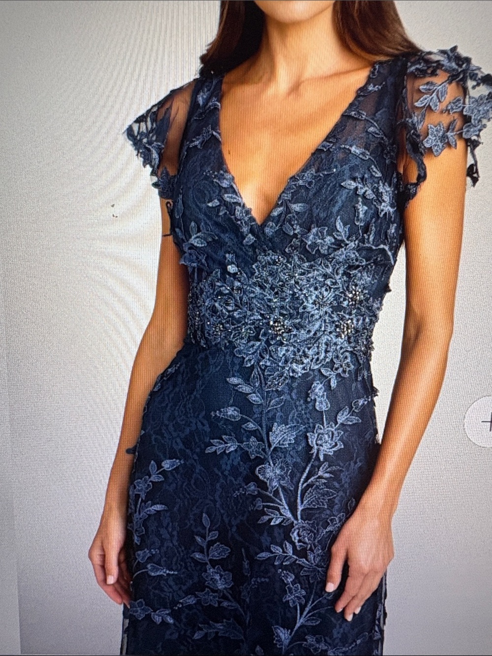 Mac Duggal Navy Blue Floral Lace Gown